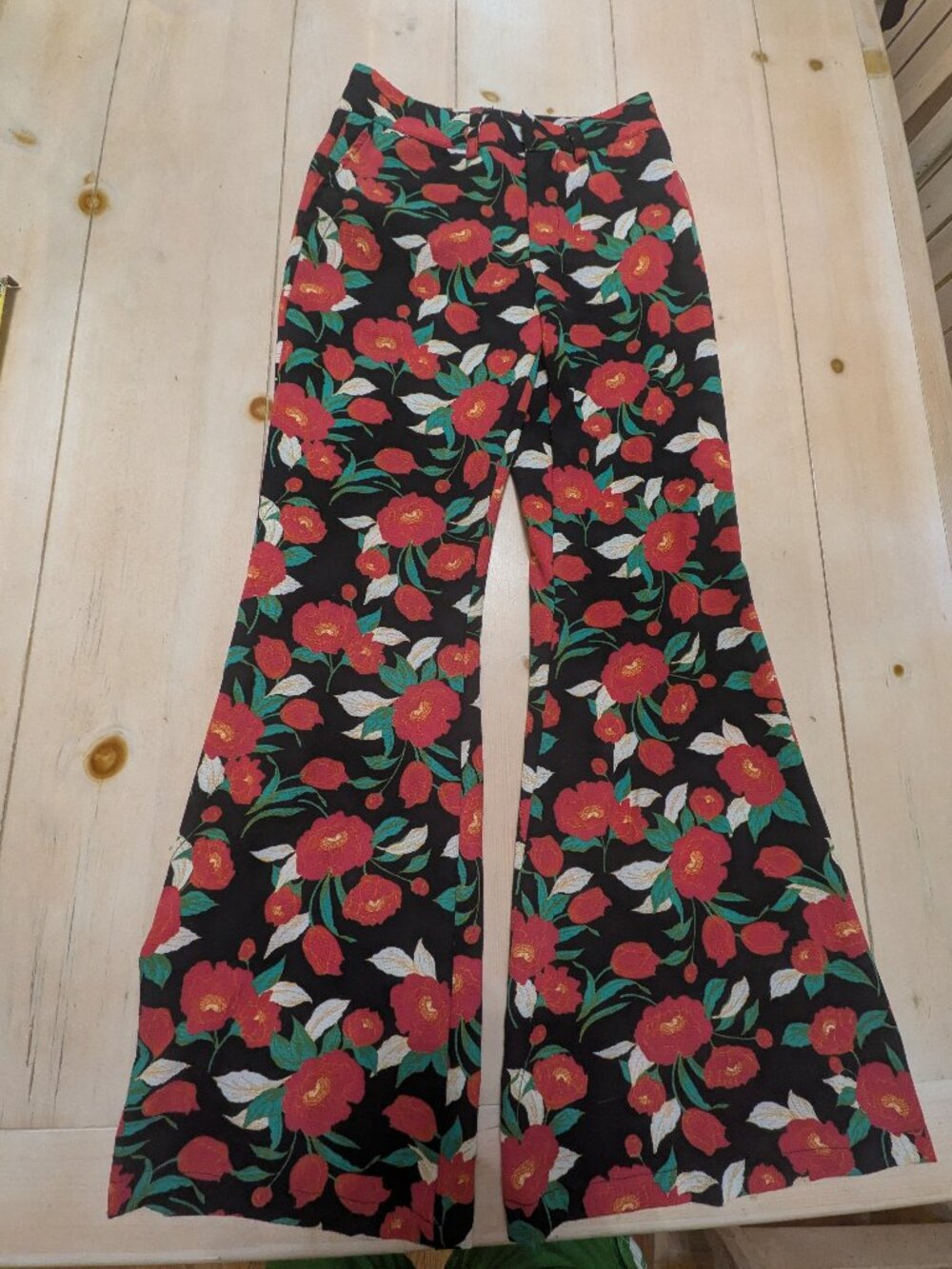 Jennifer Grace Limited Edition Handmade Floral Wide Leg Crop Pants, XS Black Red